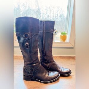 VTG Tremp Brown Leather Knee High Riding Boots Buckle Zip Rubber Sole Size 38